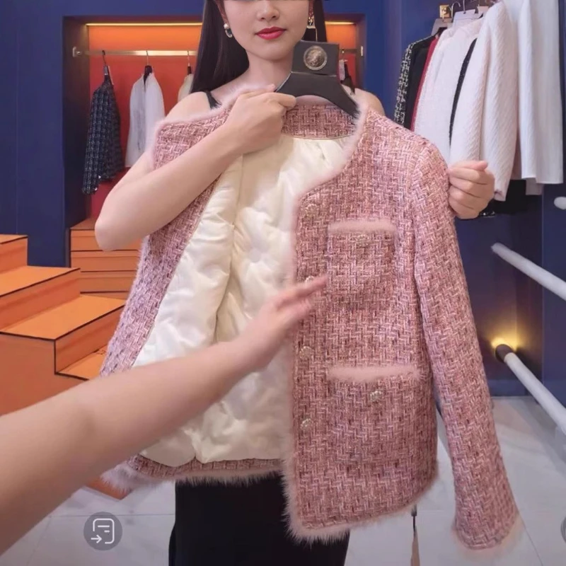 Dámský podzimní zimní nový jednobarevný styl s malou vůní, módní svrchní oblečení, zesílený tvídový elegantní zeštíhlující top, dámská bunda - náhled 2