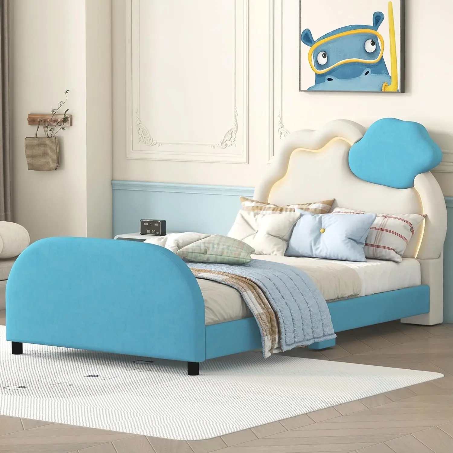 Twin Size Upholstered Platform Bed with Cloud-Shaped Headboard and Embedded Light Stripe, Velvet Upholstered Bed Frame