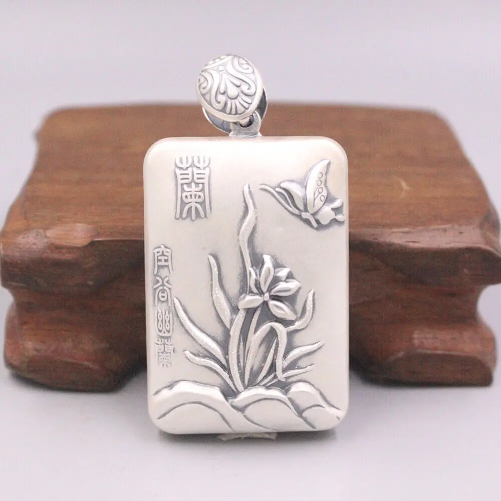 

Real 999 Fine Silver Orchid Pattern With Heart Sutra Rectangle Pendant 2.28"H