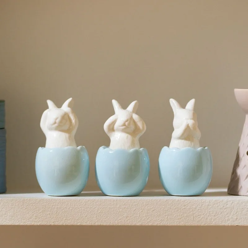 3pcs/set Easter Egg Shell Rabbit Ornaments Home Bedroom Ceramic Crafts Tabletop Scene Decoration Easter Bunny Figurines