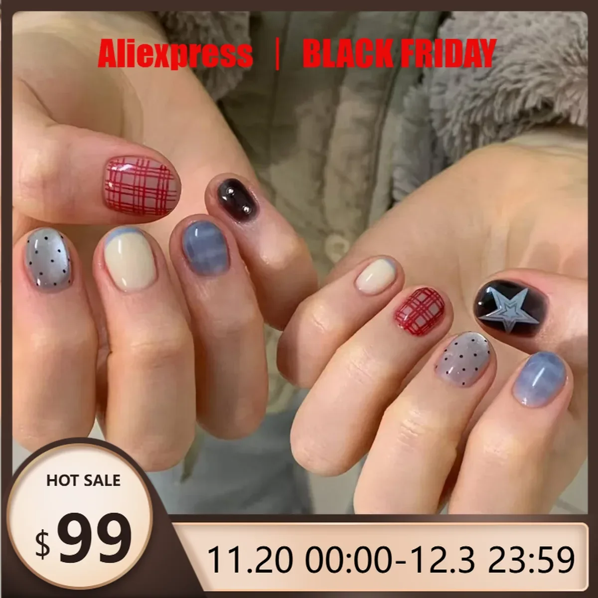 

10pcs Short Oval Shaped Press-On Nails - Color Block Stripes & Star Designs Glossy Mix-and-Match False Nails for Women and Girls