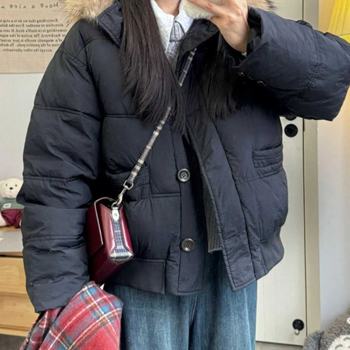 الشتاء النساء قصيرة باركر أسفل سترة كبيرة الفراء مقنعين فضفاض البخاخ معطف سميكة الدافئة يندبروف أبلى