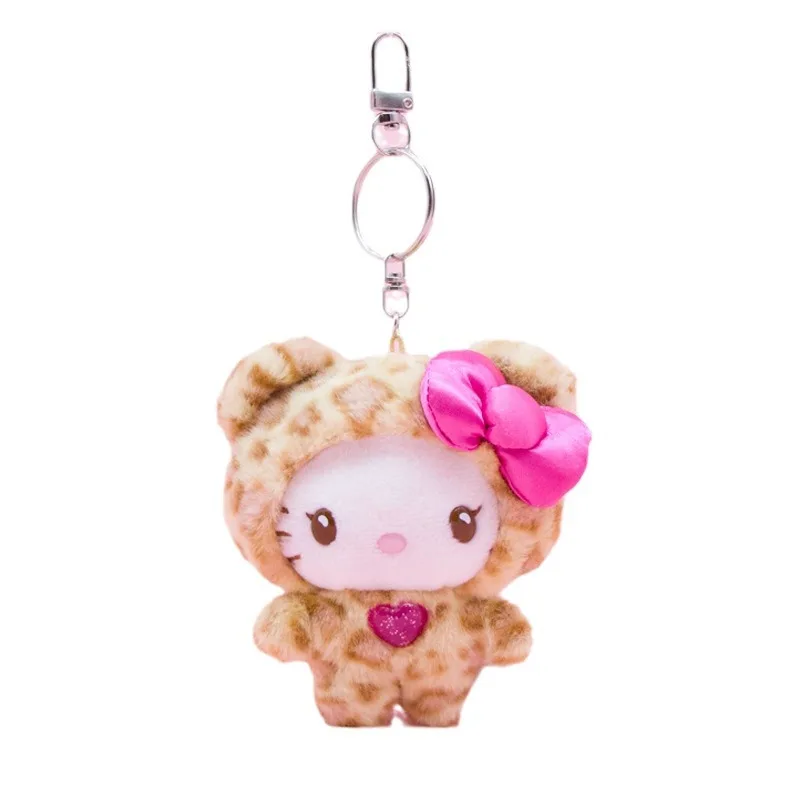 Miniso sanrio olá kitty boneca de pelúcia saco ornamentos rosa e amarelo latte pele escura saia leopardo padrão chaveiro bonito arco-nó