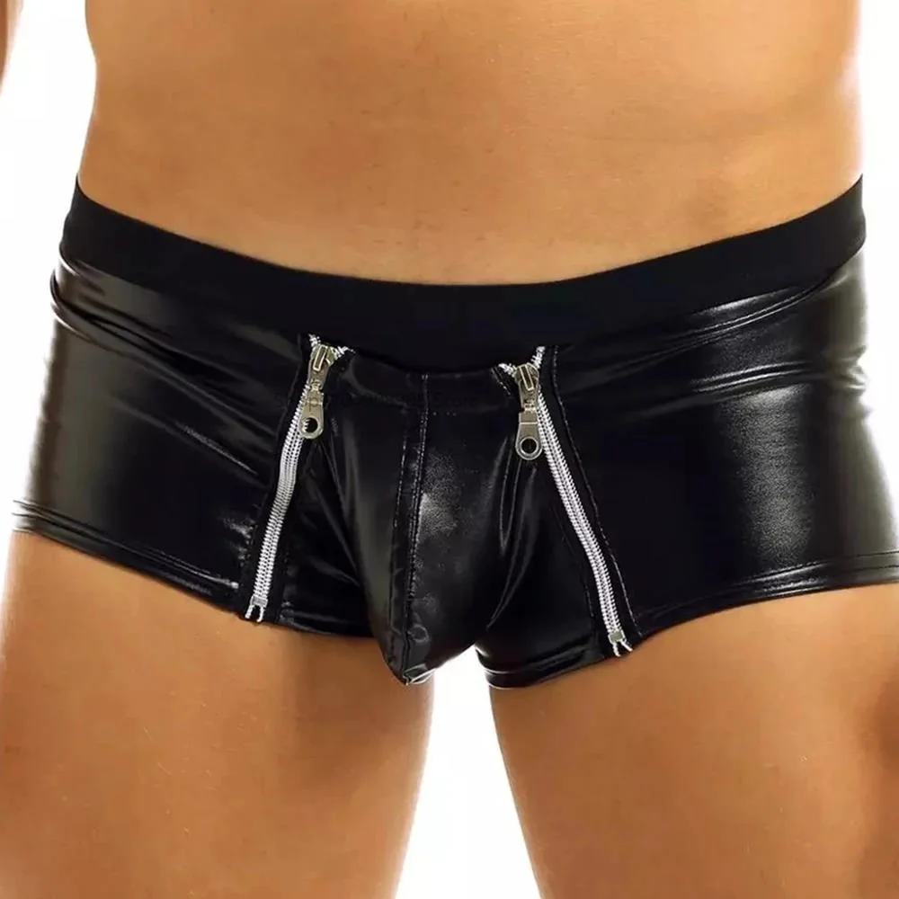 

Sexy Hot Underwear Men's Tight Trunks Zipper Open Front Lingerie Faux Leather Boxers Shorts Male Erotic Underpants Gay Panties