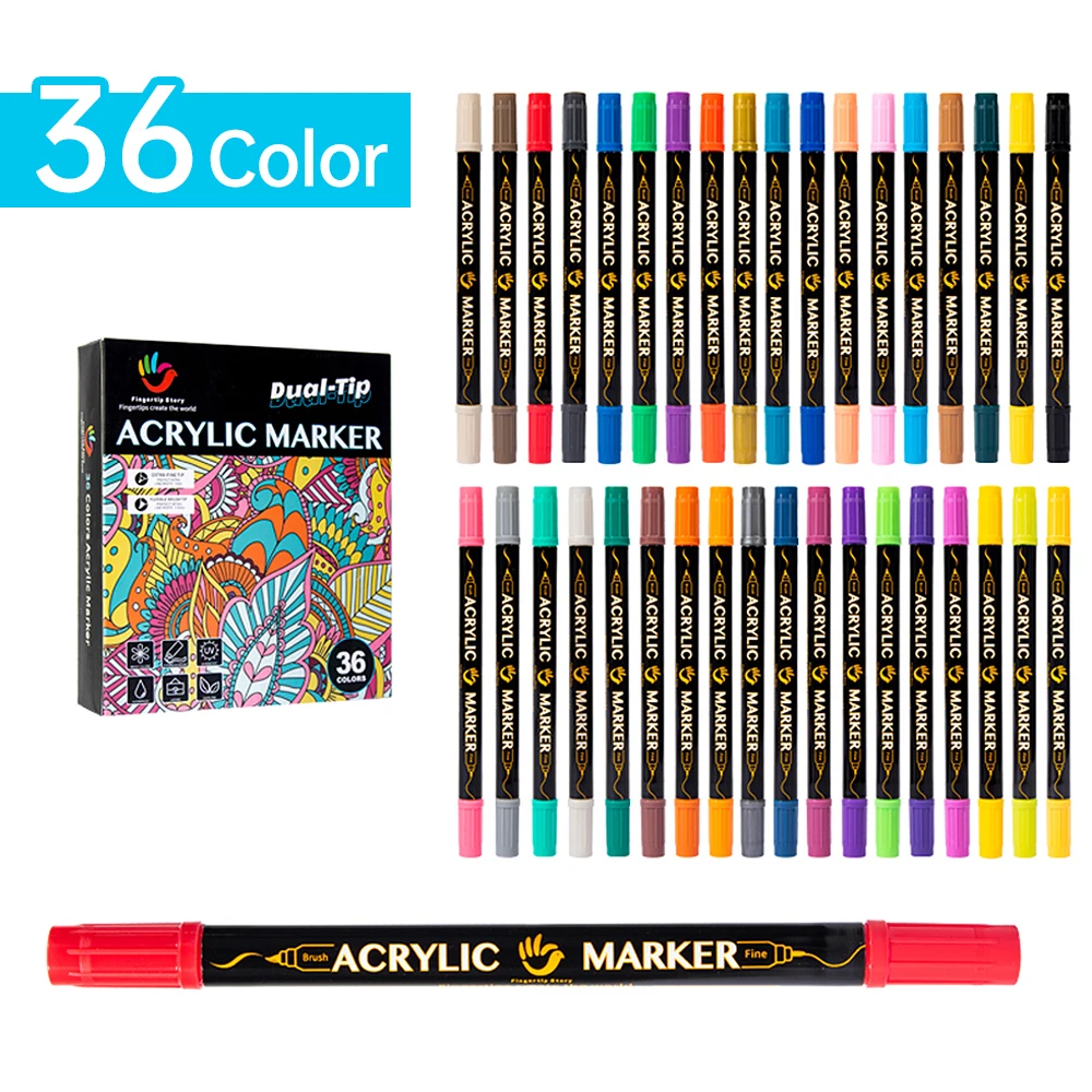 

36 Colors Acrylic Paint Markers Vibrant Color Assortment Dual-Tip Quick Dry Non Toxic for Kids Adult DIY Art and Craft Projects
