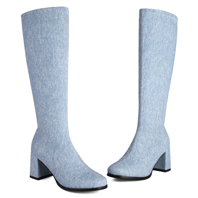 

Blue Denim Knee High Boots Women Shoes New Autumn Winter Zipper Women's High Boos Jeans Long Party Shoes Ladies Large Size 45