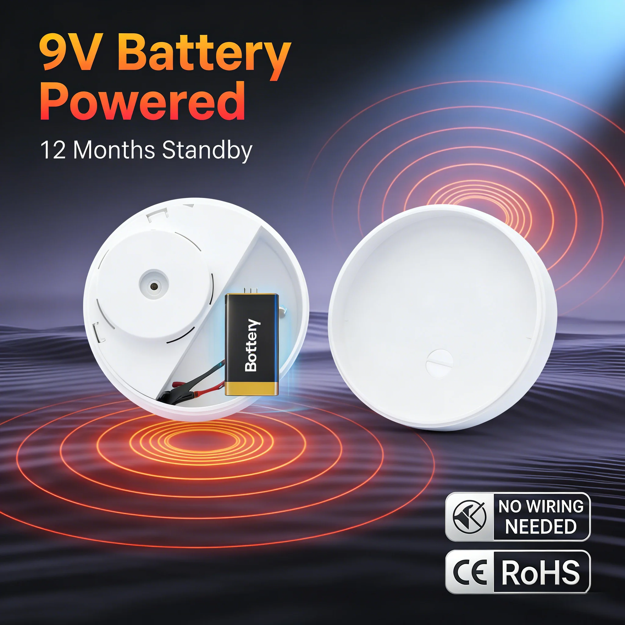 

No Wiring 9V Water Leak Alarm, Fast Triple-Probe Detection Easy Setup for Home Floor Protection