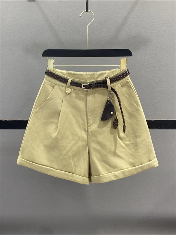 White Washed Cotton Casual Shorts Women's High Waist Loose Slim A-Line Cuffed Wide Leg Hot Pants Summer New Style 2026