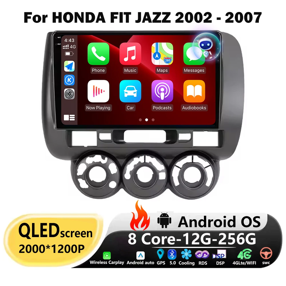 Rádio do carro reprodutor de vídeo multimidia para honda fit jazz 2002 2003 2004 2005 2006 2007 rhd android 16 auto sem fio carplay bt dsp