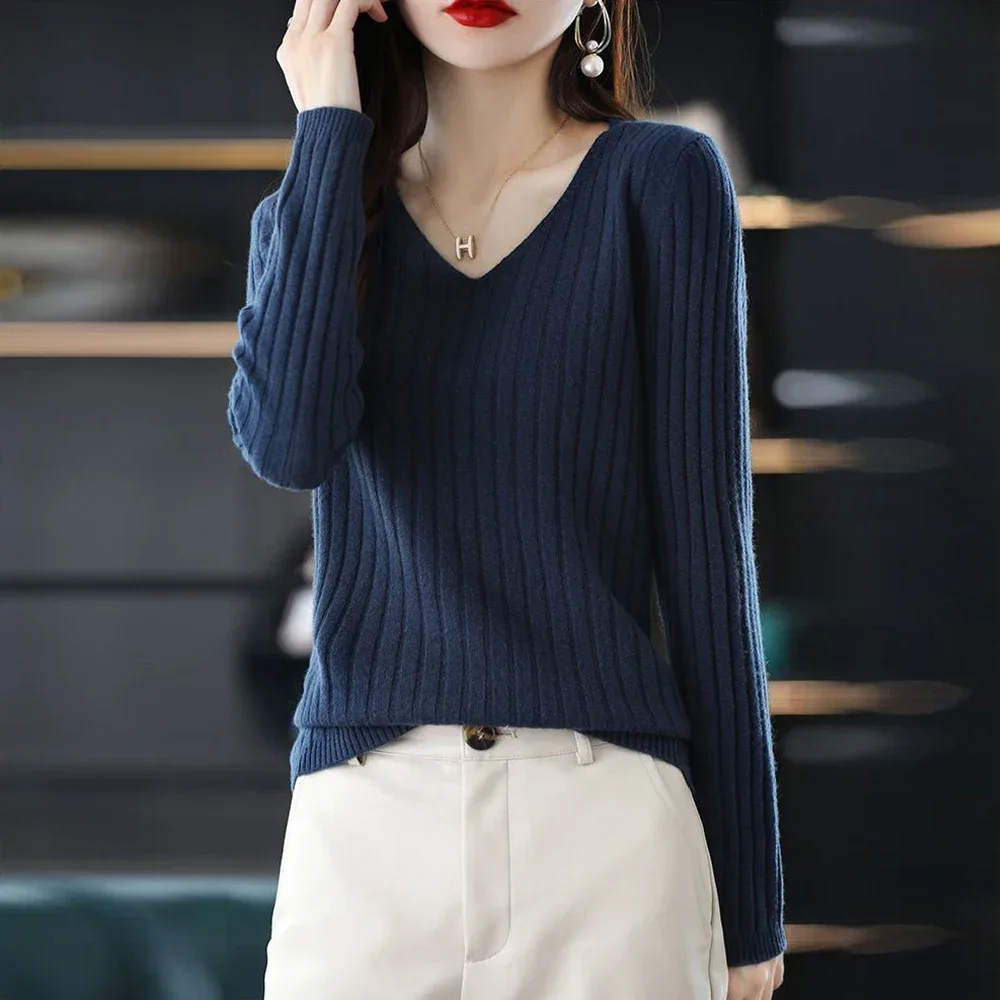 

V neck Long Sleeved Sweater Womens Knitwear Sweaters Girl Stretch Tops Autumn Coffee Navy Red Yellow T Shirt Clothes X-G-Xinde