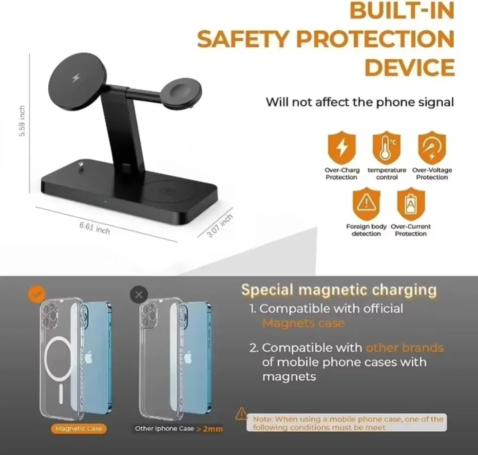 200W 4 In 1 Wireless Charger Stand Induction Super Fast Charging For Magsafe iPhone 16 15 14 13 Pro Max Apple Watch Airpods Pro - náhled 3
