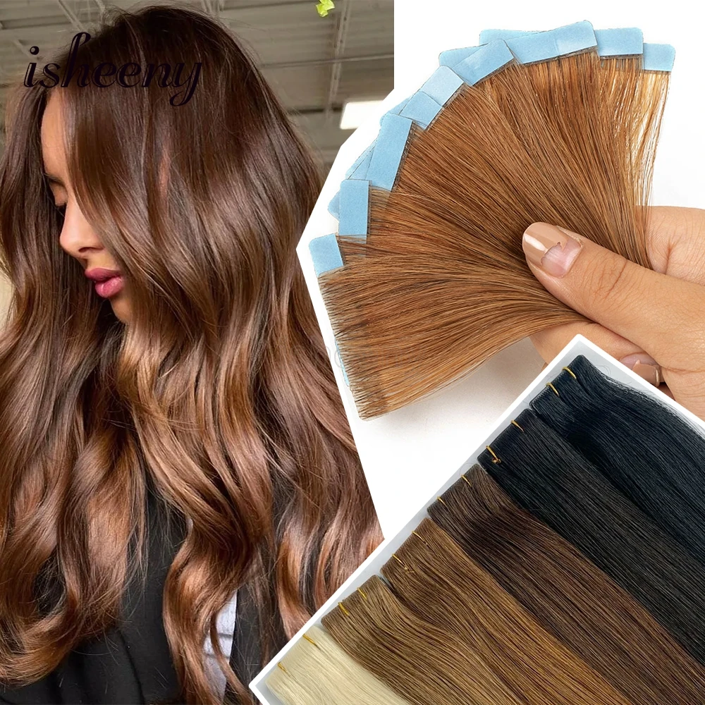 

Isheeny Injected Invisible Tape, прямые человеческие волосы для наращивания, 12-22 дюйма, натуральные прямые ленты для волос, 10 шт./упак. для женщин