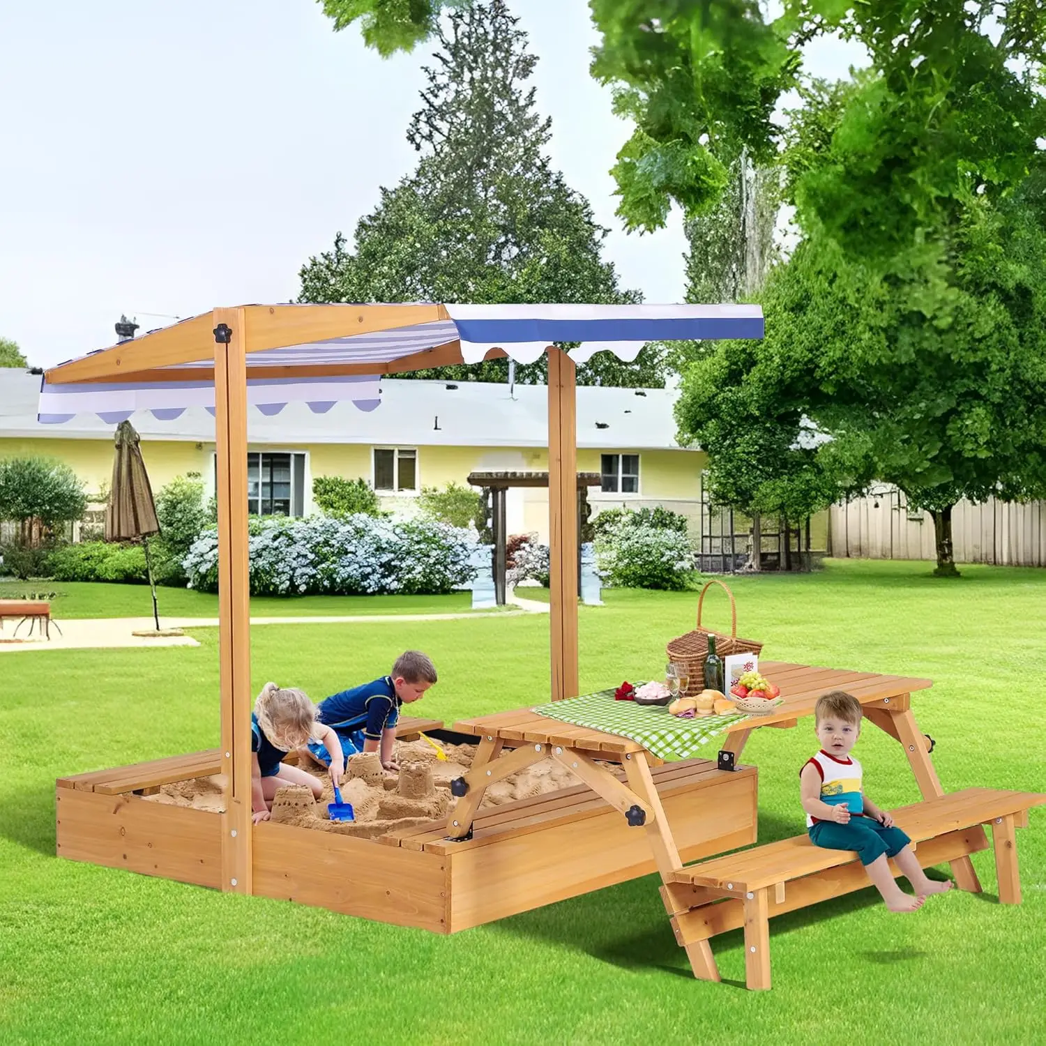 

Kids Sandbox with Lid, Outdoor Wooden Sand Boxes with Kids Picnic Table, Sandpit with Cover Canopy, Toddler Outdoor Playhouse wi