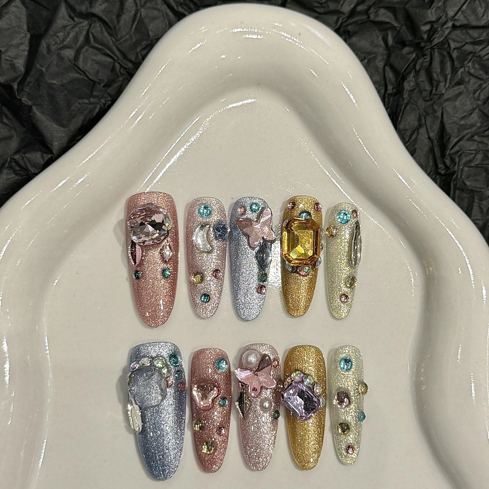 10pcs Aurora Colorful Handmade False Nails Shimmery Diamond Crystal Butterfly Moon Pearl Press On Nails Sweet Korean Fake Nail