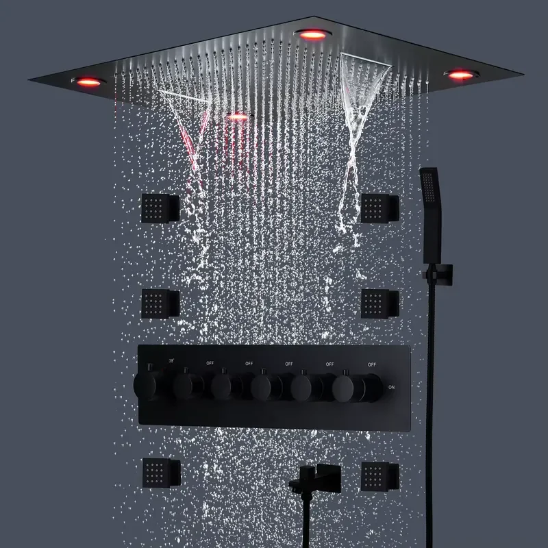 Black Shower Head Set Thermostatic Mixer High Flow Large 800x600mm Rain Spray Shower Panel Faucet 2 Inch Body Jets