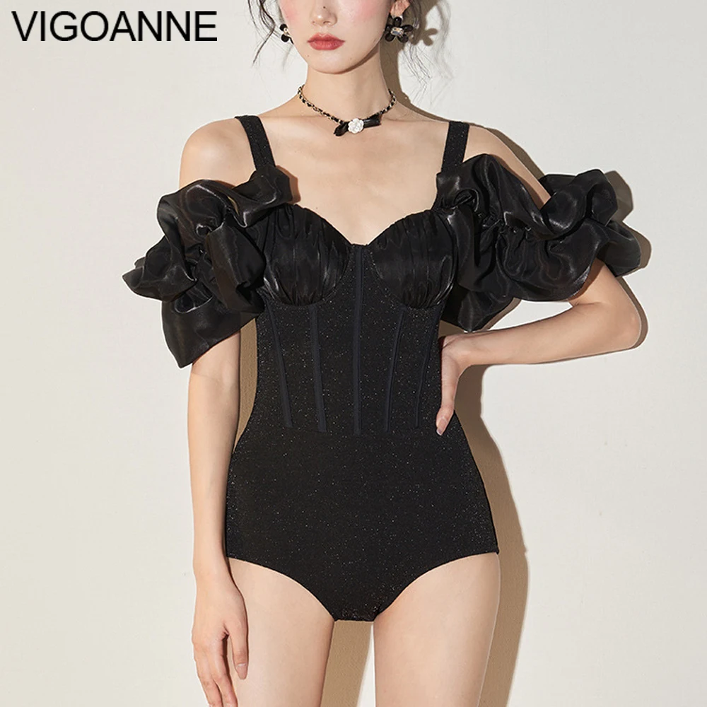 VigoAnne Solid Off Shoulder Swimwear Women 2025 Sexy Push UP One Piece Swimsuit Korean Closed Monokini Summer Beach Bathing Suit