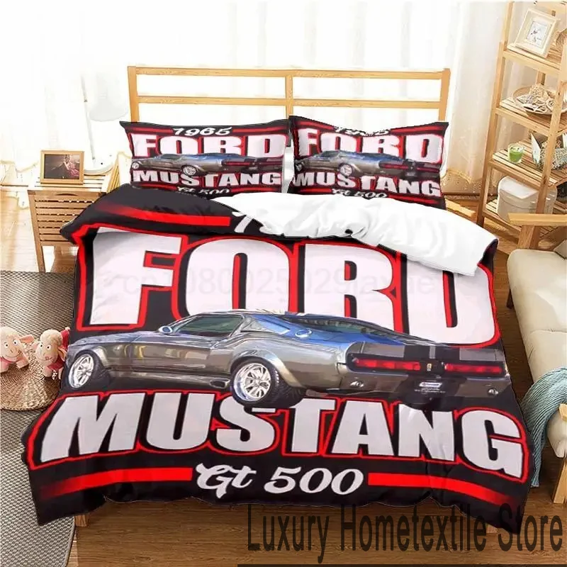 

3D Print Mustang Ford Car Logo Bedding Set Double Twin King Duvet Cover Comforter Pillowcase Boys Girls Adults Bedroom