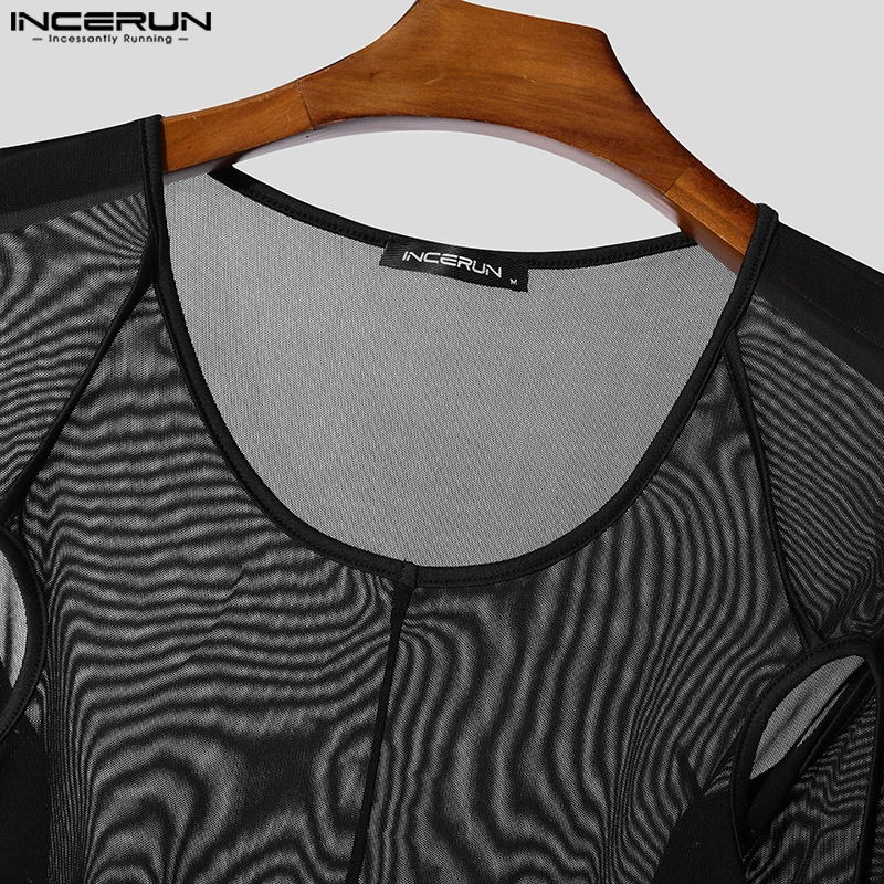 Incerun 2024 estilo americano macacão moda masculina sexy transparente malha fina bodysuits masculino homewear manga comprida macacão S-5XL