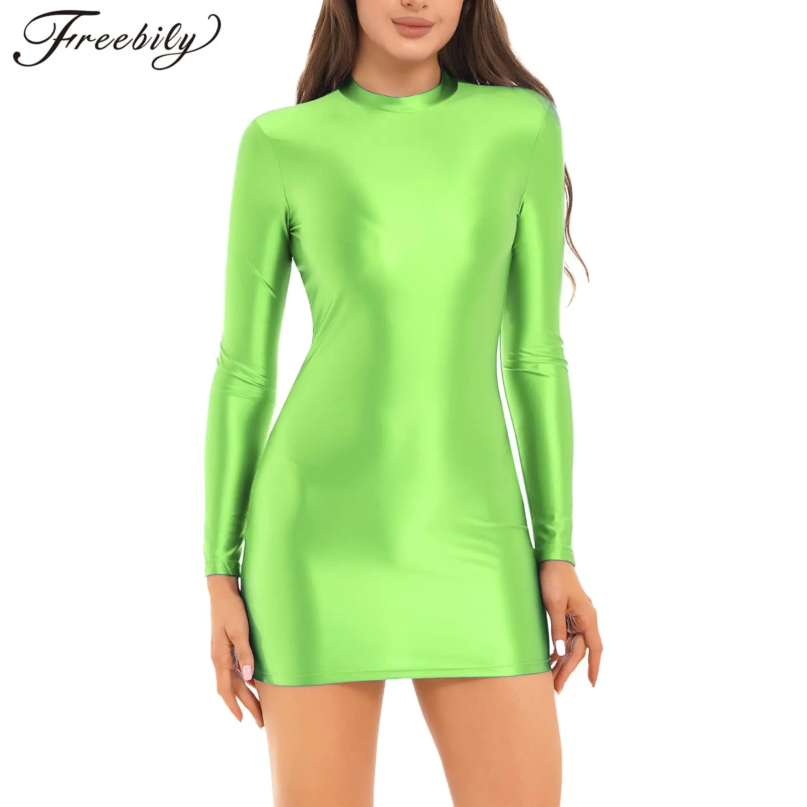 Oil Glossy Mini Pencil Dress Women Smooth Stretchy Mock Neck Tight Dresses Sexy Party Clubwear Long Sleeves Bodycon Vestidos