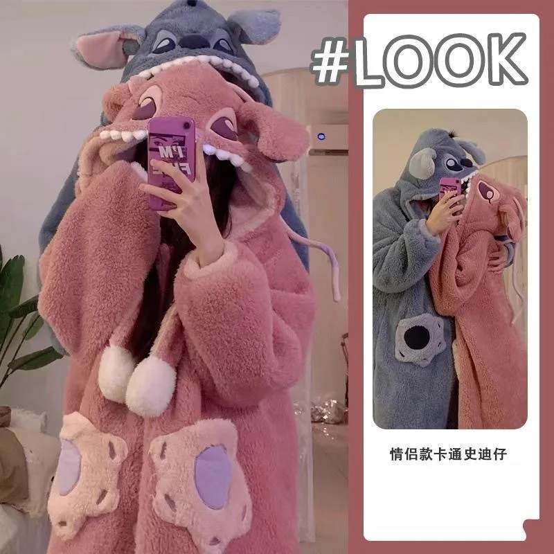 2024 New Lilo & Stitch Winter Thickened Plush Cosplay Cartoon Hooded Couple Pajamas Flannel Men & Women Loungewear Set