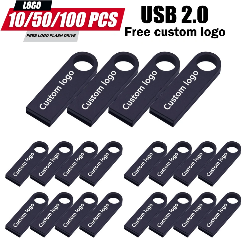 10/50/100PCS Free Custom LOGO USB 2.0 Flash Drives Metal 64GB Free logo Black 32GB Pen drive 16GB Memory stick U disk 8GB 4GB