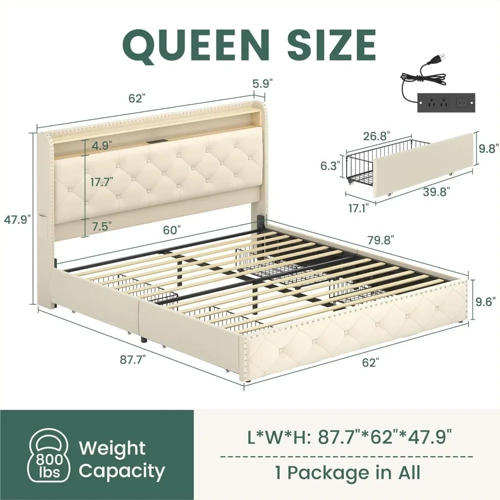 Queen Size Bed Frame with 4 Storage Drawers, Charging Station, LED Headboard, Velvet Upholstered Platform Bed Frame