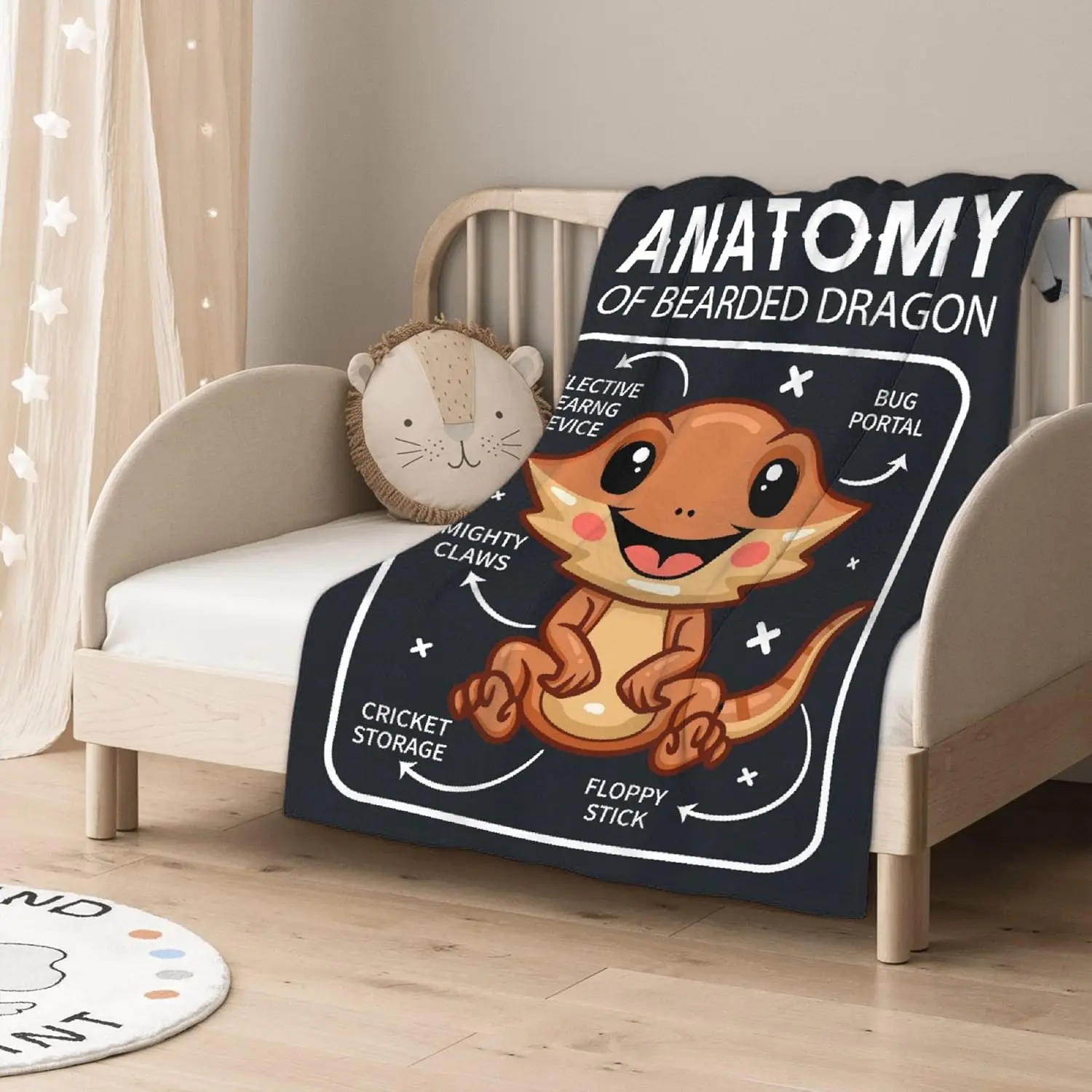 Bearded Dragon Anatomy Flannel Blanket – Soft Reptile Print Throw for Kids’ Bed or Sofa Decor