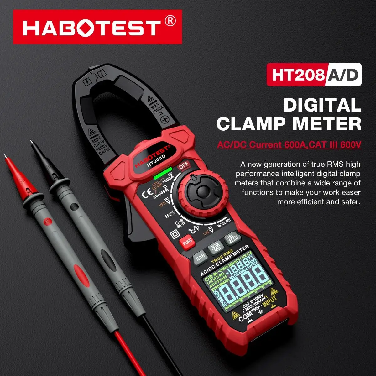 HABOTEST HT208A/D Clamp Meter 1000A 1000V AC DC True RMS Digital Clamp Meter Amperimetrica Capacitance Temperature Ohm Hz Tester
