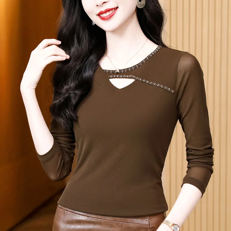 

New 2025 Spring Autumn Long Sleeved Women's T-Shirt Elegant Slim Solid Color High Elasticity Beading Mesh Tees Tops