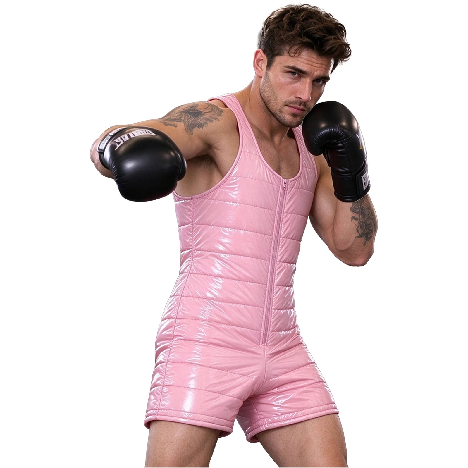 Men Water-resistant Padded Bodysuit Sleeveless Front Thigh Length Jumpsuit for Club Music Festival Rave Party Outdoor Activities