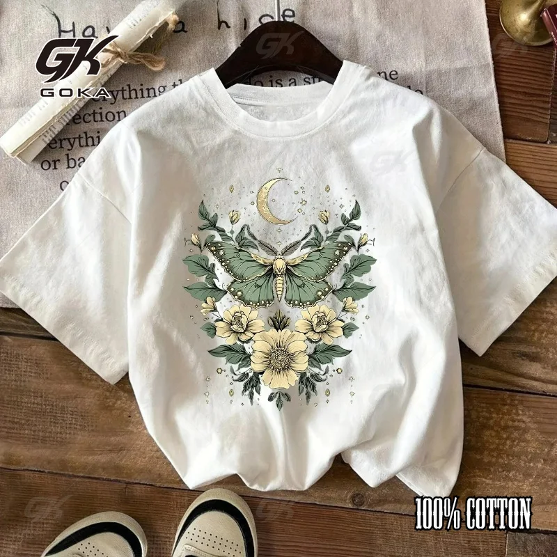 Women's Casual Short-sleeved Crew Neck T-shirt with Floral and Butterfly Print Adorned with Stars  Polka Dots Comfortable
