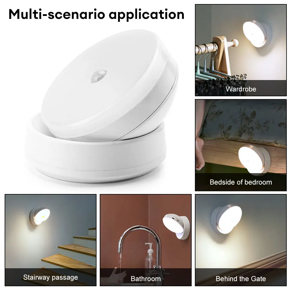 PIR Motion Sensor LED Night Light Human Presence Detector Wall Lamps  USB Rechargeable Wireless Closet Night Lamp Cabinet Light