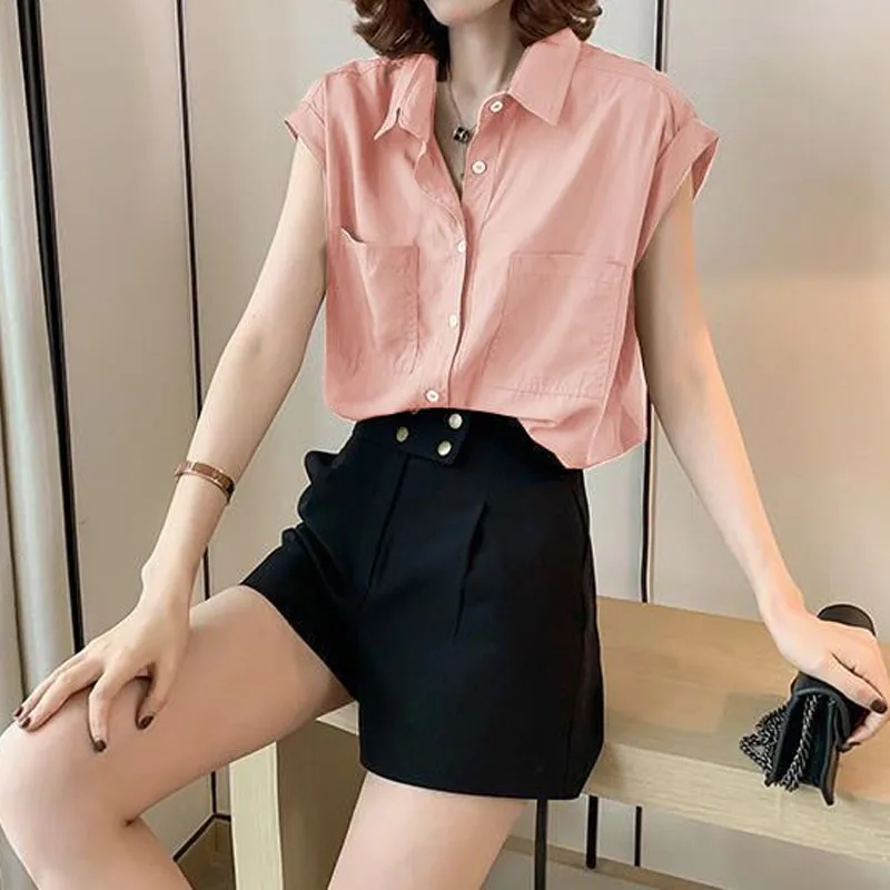 Simplicity All-match Turn-down Collar Solid Color Women\'s Shirt Summer Korean Loose Sleeveless Button Blouse Female Clothing