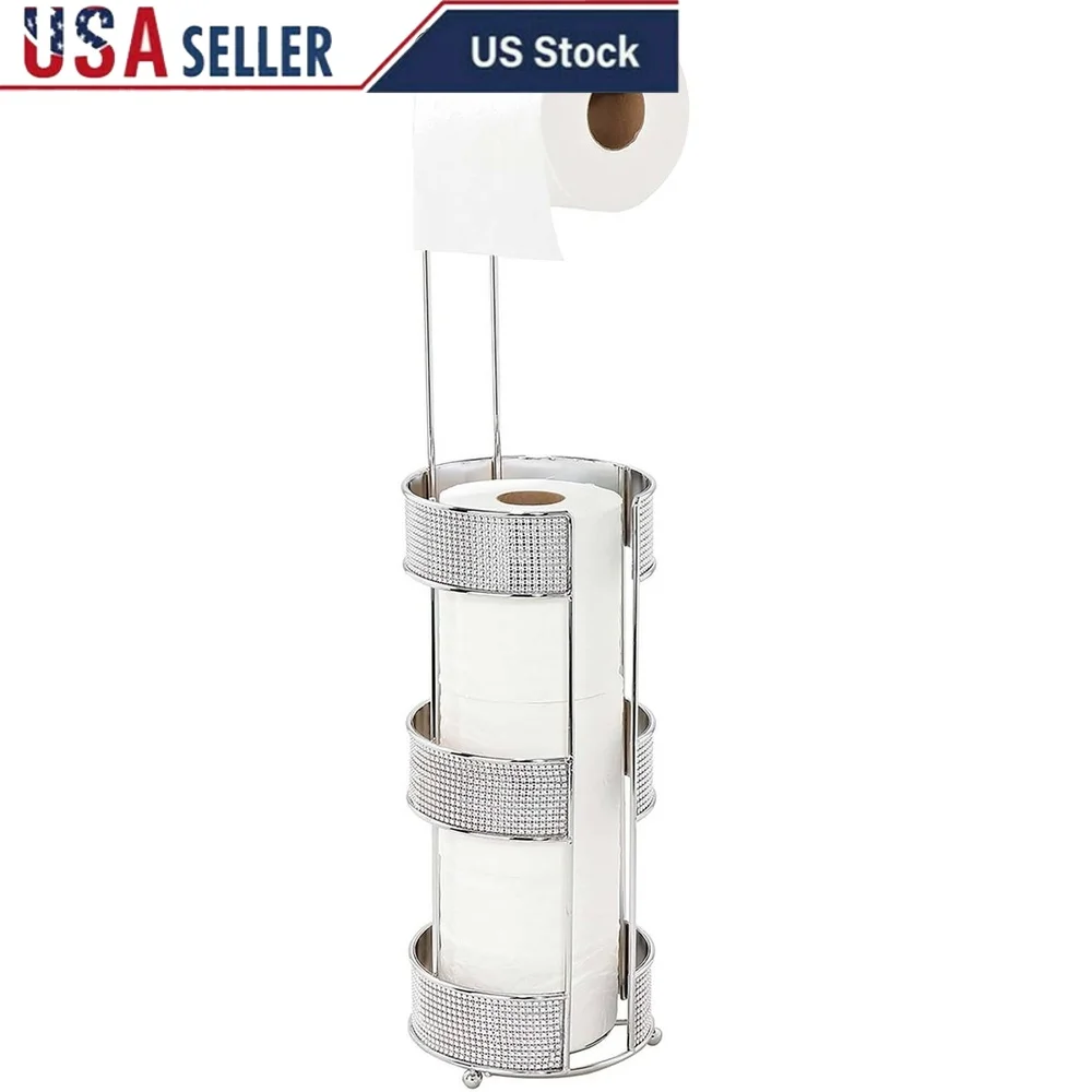 

Freestanding Toilet Paper Holder with Pave Diamond Chrome Design 3 Roll Capacity Moisture Resistant Durable Bathroom Accessory