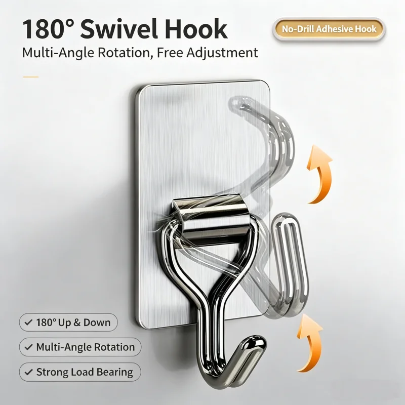 Waterproof Moistureproof Stainless Steel Adhesive Hook, No Drill Heavy Load Wall Hook for Bathroom