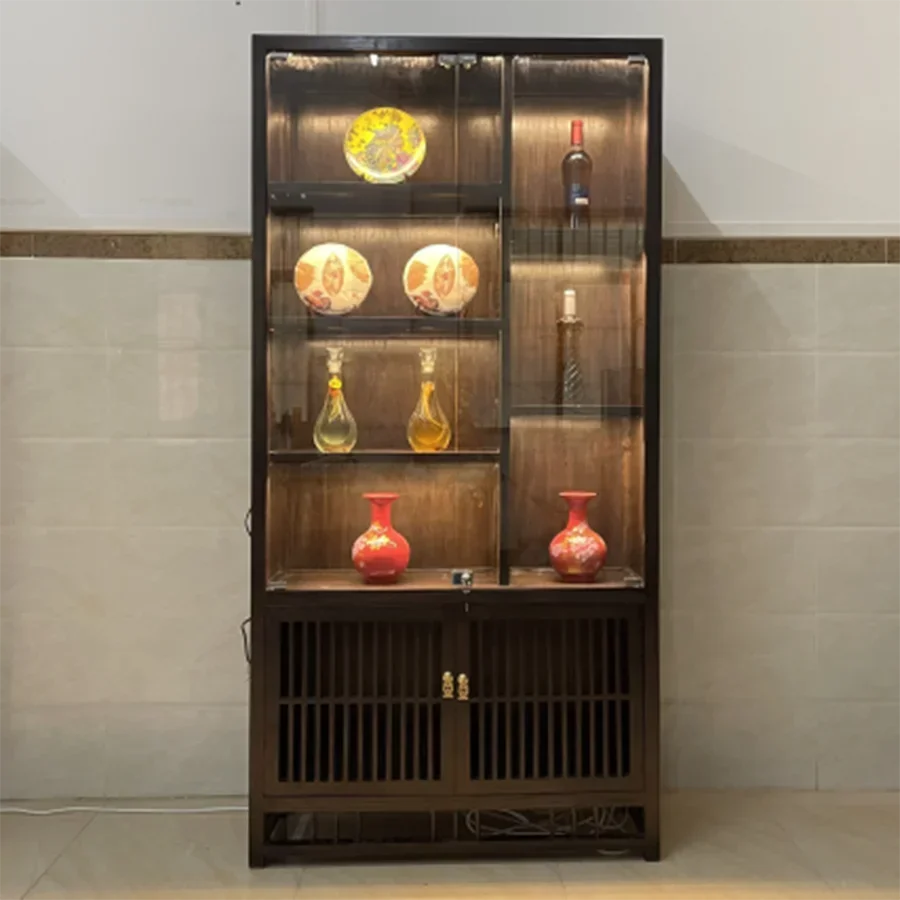 

Safety Lock Wine Cabinet Led Lights Shelf Glass Doors China Style Vintage Wood Wine Rack Showcase Weinregal Boutique Furniture