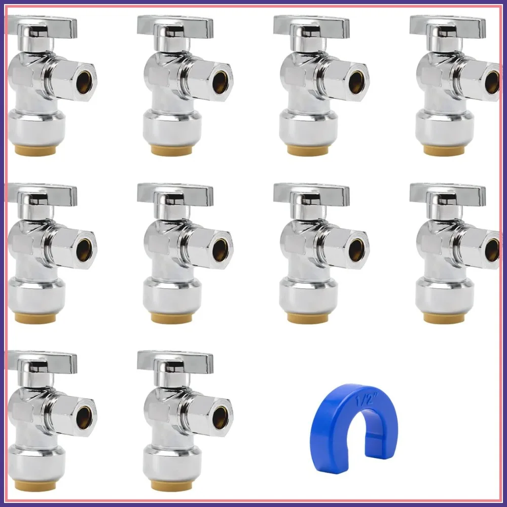 

10 Pack Pushfit Angle Stop Valve, 1/2" Push-Fit x 3/8" Comp, Quarter Turn Shut Off Valve for Pex Copper CPVC Brass