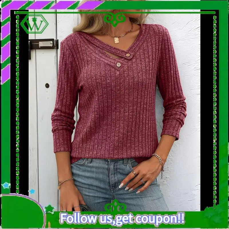 A18P- قمصان طويلة الأكمام للنساء الخامس الرقبة الخريف البلوزات متأنق عارضة الأساسية قمم السترة العصرية #4