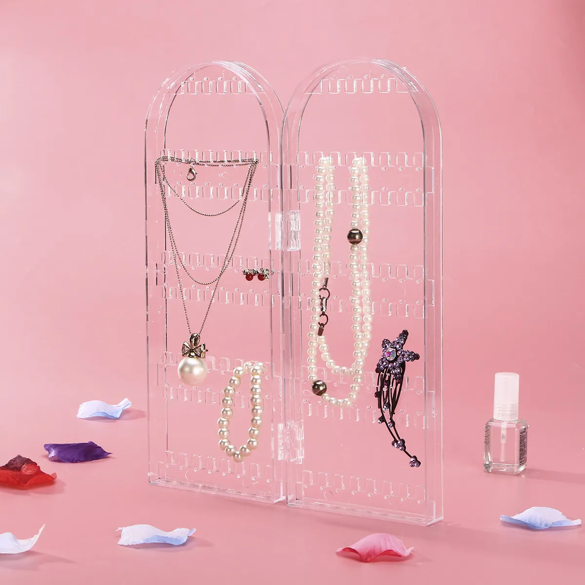Plastic Jewelry Organizer Stand Foldable Door 120-Hole Transparent Necklace Ring Bracelet Display Rack for Vanity Bathroom