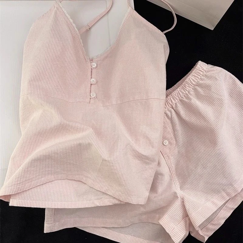 شورت بحمالات مع وسادة صدر طقم بيجامات نسائي صيفي مخطط حلو ملابس منزلية #3