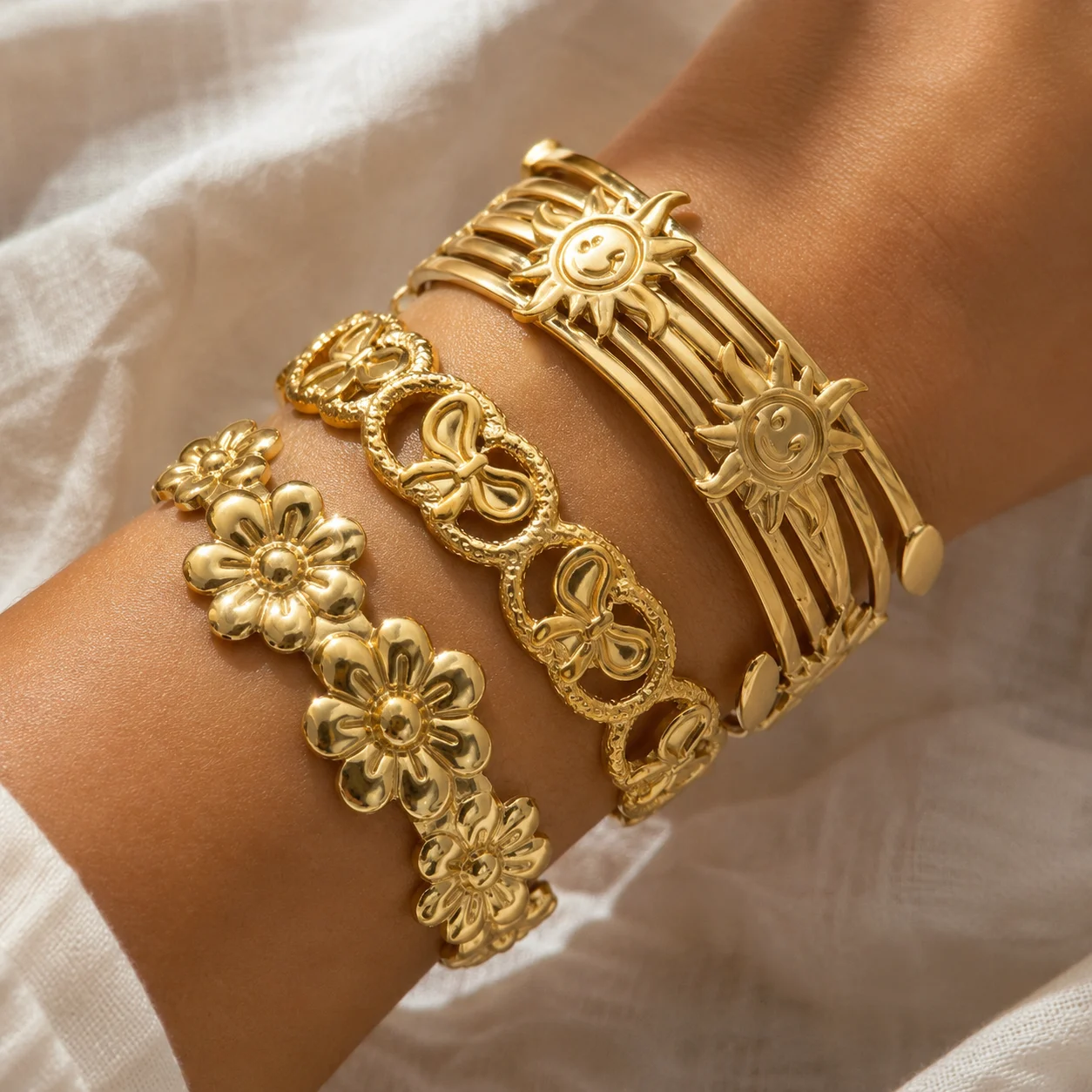 Boho Cuff Bracelet Set for Women Gold Color Stainless Steel Flower Butterfly Sun Moon Open Bangles 3PCS Trendy Jewelry Gift