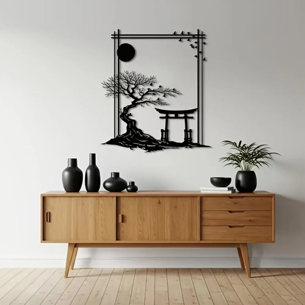 CIFBUY Japanese Zen Tree Torii Gate Metal Wall Decor Iron Sculpture Rust Proof Asian Landscape Art Home Hanging Gift Decor