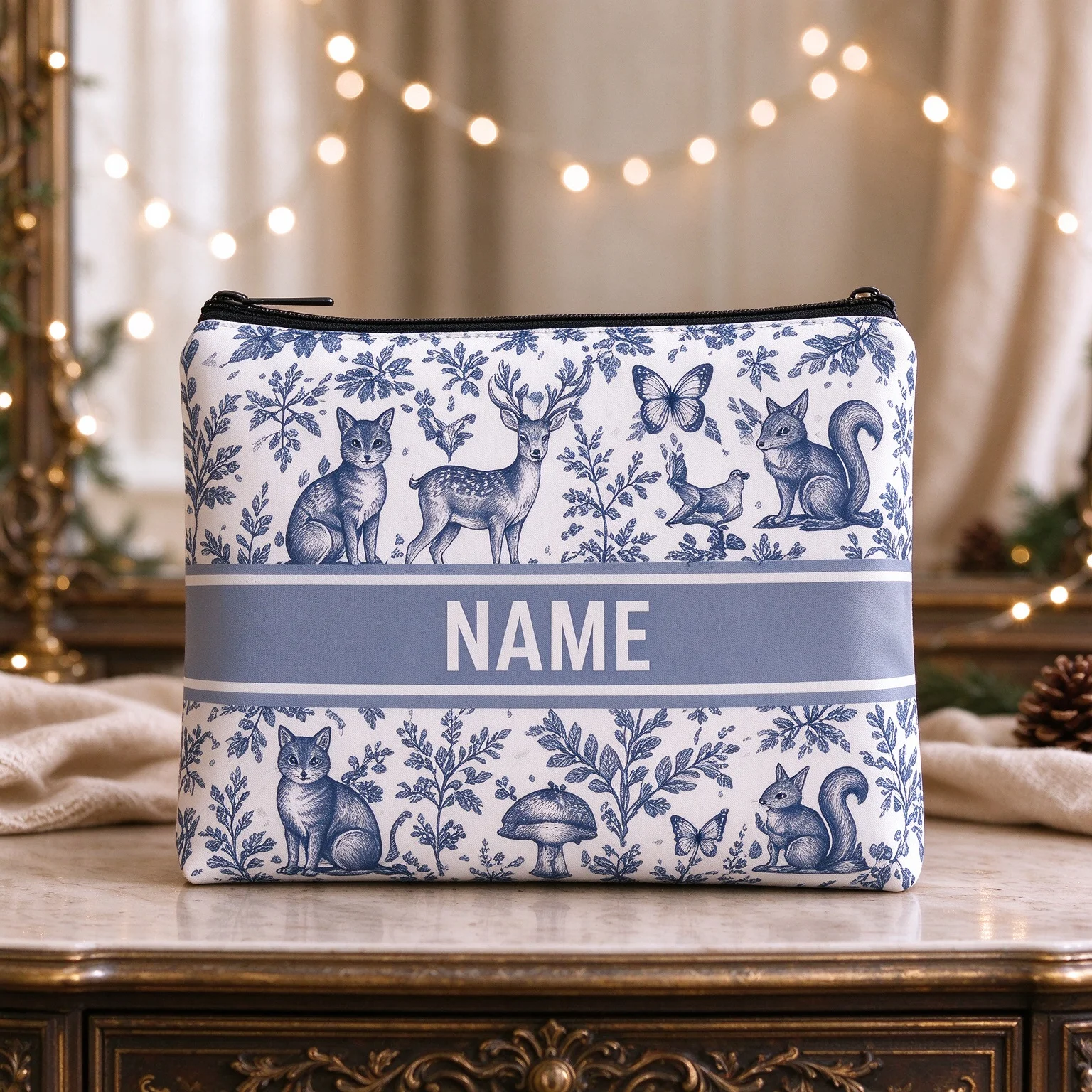 Personalized Woodland Animal Makeup Bag Custom Name Cosmetic Pouch Deer Cat Squirrel Butterfly Travel Toiletry Bag Women