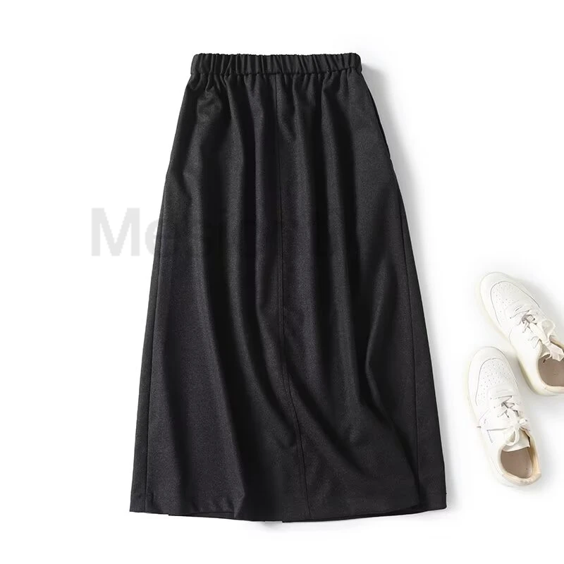 New Women Skirts Vintage Elastic High Waist Dark Gray A-line Midi Skirt Front Slit Office Lady Wear Elegant Skirts y2k klamotten