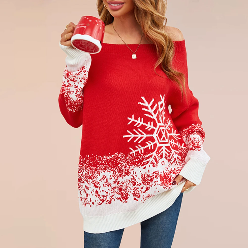 

Women's Christmas Knitwear Little Snowflake Design European American Style Casual One-Line Collar Autumn Winter Sweater