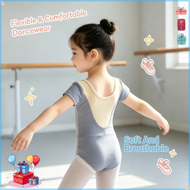 

Girls Ballet Leotard Top Breathable Short Sleeve Dancewear Kids Gymnastics Practice Costume Soft Summer For Stage Performance