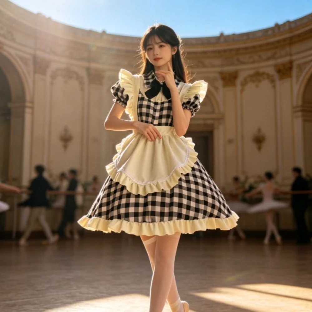 

new Cute Japanese Black Red Plaid Lolita Dress, Plus Size Sexy Maid Dress, Women Cosplay Costume for Stage & Role Playing