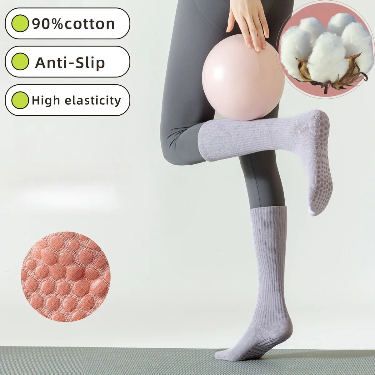 

3 пары женских длинных хлопковых нескользящих носков для йоги, высокоэластичные чулки для фитнеса, спортивные носки, однотонные носки до середины ноги