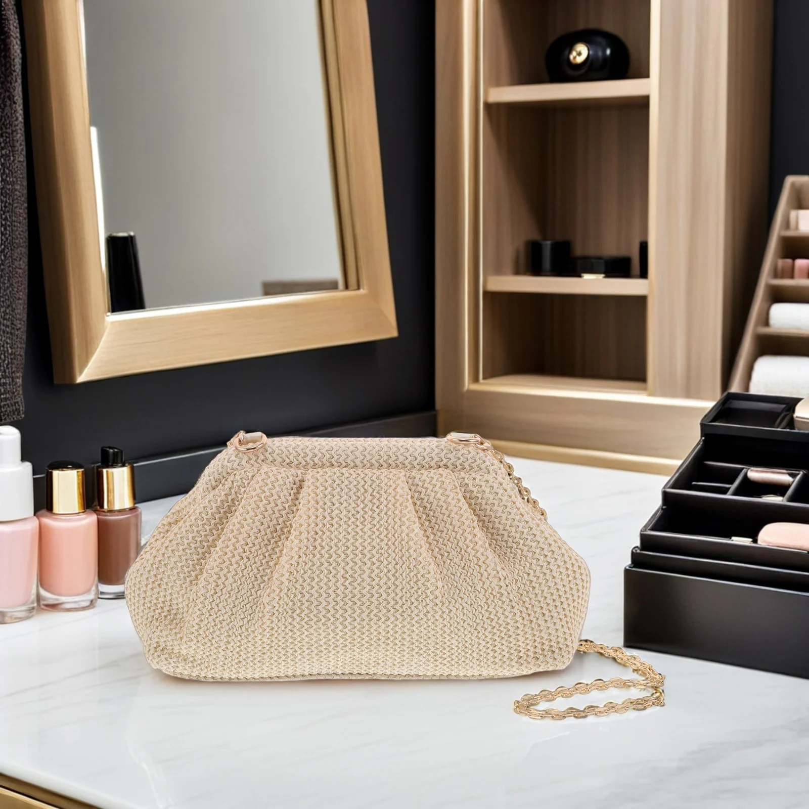 

Handmade Woven Evening Bag Cloud Clutch for Women Detachable Chain Dumpling Shoulder Purse Wedding Party Beach Small Fashion