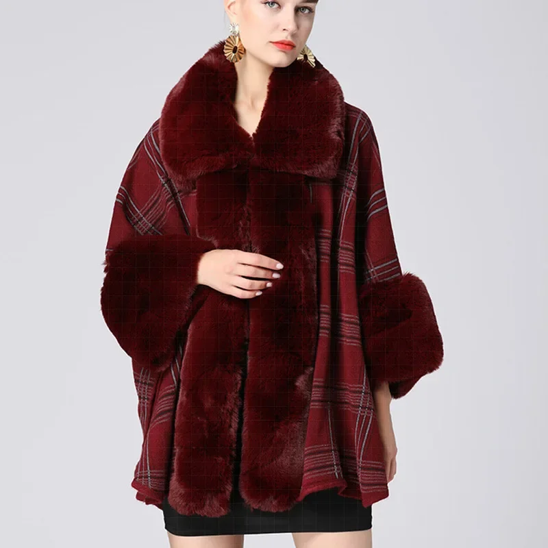 4 Colors Women Party Overcoat Cloak Winter Faux Rabbit Fur Big Collar Knitted Cardigan Cape Cashmere Long Sleeve Plaid Poncho